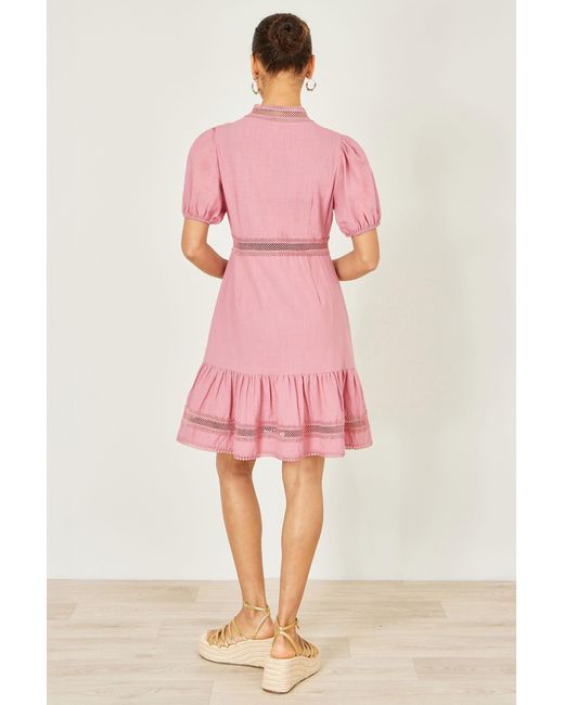 Yumi' Pink Cotton Lace Trim Skater Shirt Dress