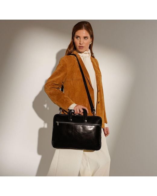 Time Resistance Black Leather Briefcase Laptop Bag
