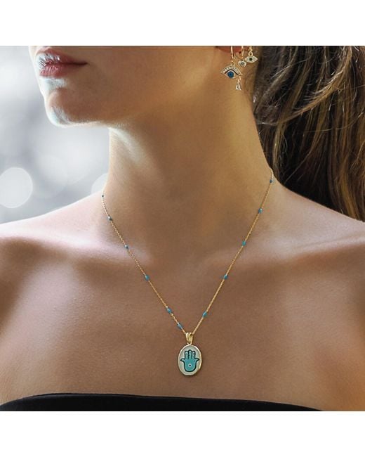 Ebru Jewelry Metallic Blessed Hamsa Hand Turquoise Necklace-gold