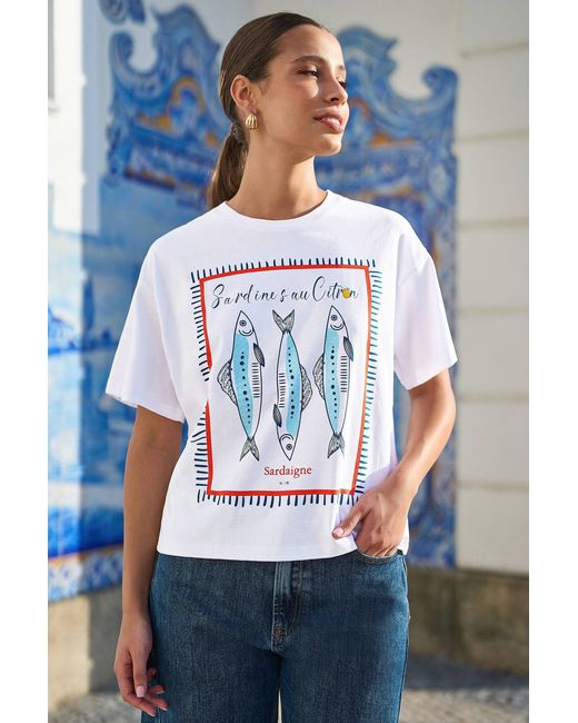 Yumi' White Cotton Summer Motif T-Shirt