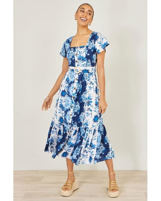 Yumi' Blue Floral Viscose Midi Shirt Dress With Matching Belt