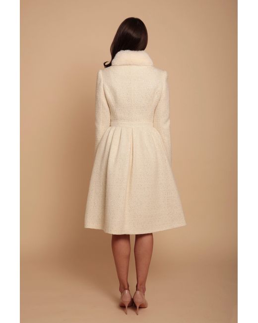 Santinni Natural Starlet Wool Tweed Dress Coat With Faux Fur