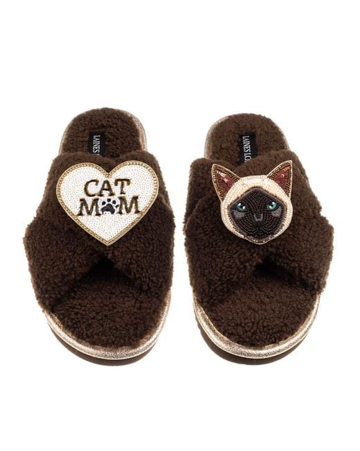 Laines London Brown Neutrals Boucle Slippers With Cat Mum/Mom & Siamese Cat Brooches