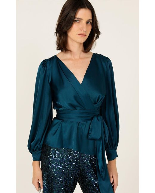 SACHA DRAKE Blue Satin Faux Wrap Top