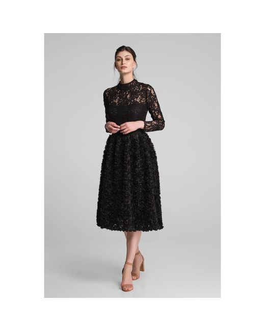 Rumour London Black Grazia Midi Dress With Lace Bodice And Ruffled-Tulle Skirt