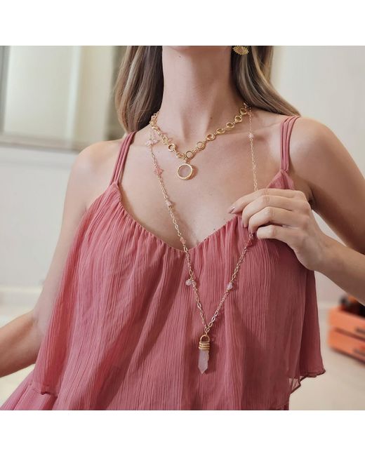 Farra Metallic Wire-Wrapped Rose Quartz Pendant With Watermelon Flower Long Necklace