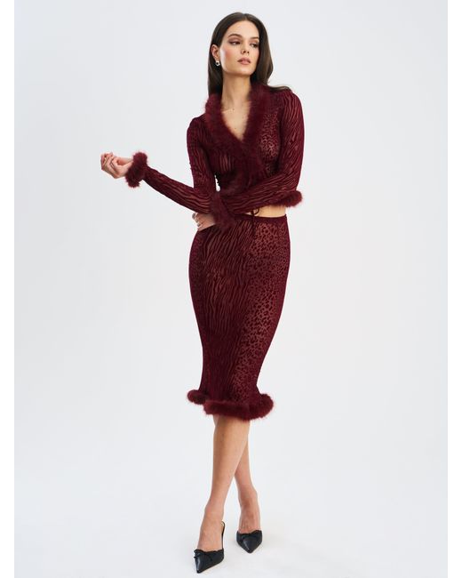 Miss Circle New York Red Hali Burgundy Animal Print Burnout Velvet Fur Trim Top