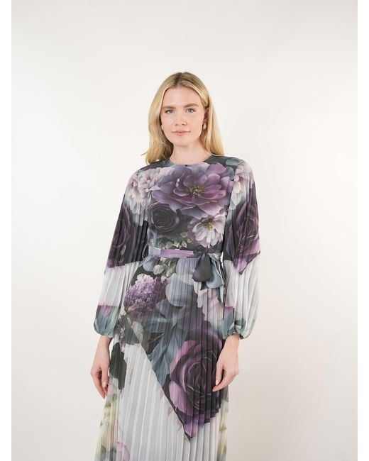 John Abgin Blue Placement Floral Pleated Midi Dress