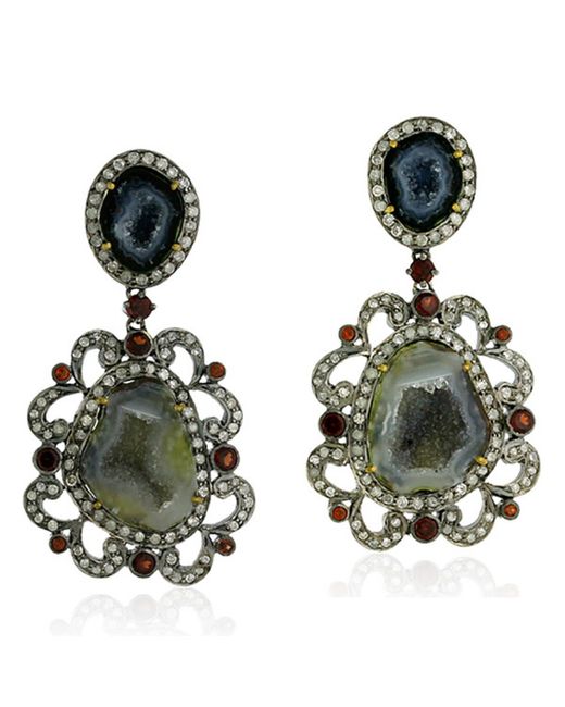 Artisan Green Unshaped Geode & Garnet Gemstone With Pave Diamond In 18k Silver Designer Earrings
