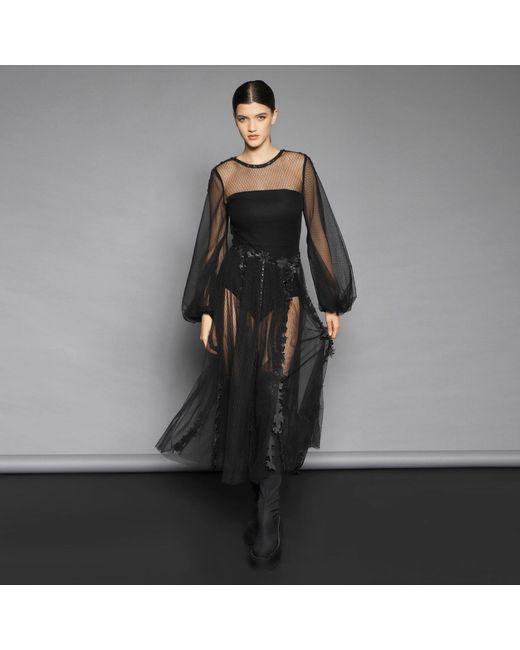 Silvia Serban Black Textured Tulle Fit-And-Flare Dress With Volumetric Appliqués