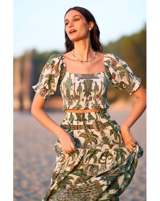 Yumi' Green Cotton Voile Safari Ruched Crop Top