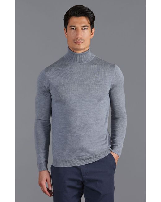 Paul James Knitwear Blue Extra Fine Merino Wool Westonn Roll Neck Jumper for men