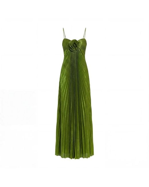 Mac Duggal Green Sleeveless Metallic Pleated Gown With Flower Accent