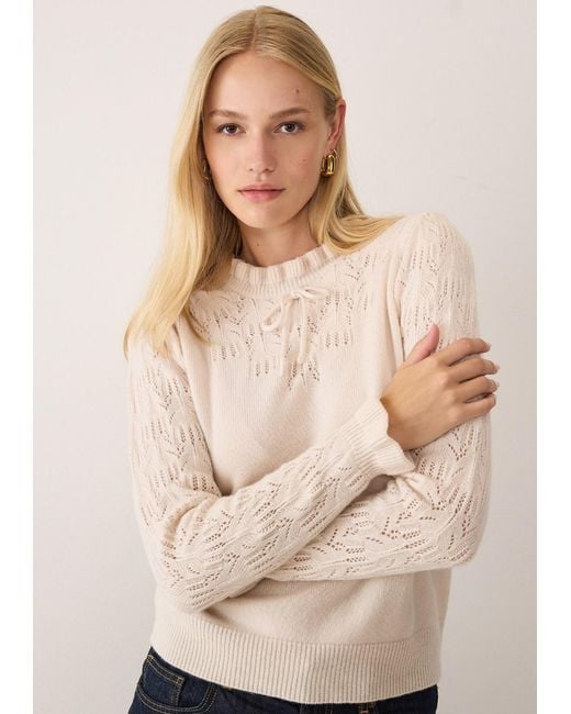 Loop Cashmere White Neutrals Tie Neck Pointelle Sweater