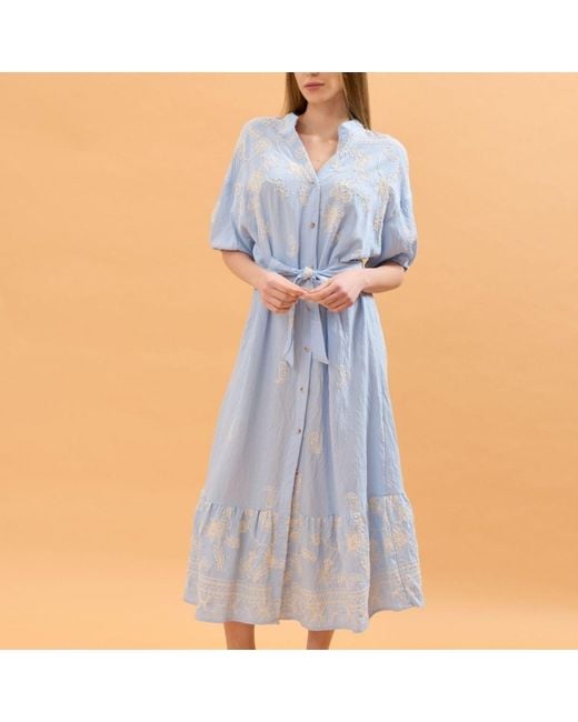LAtelier London Blue Embroidered Shirt Midi Dress