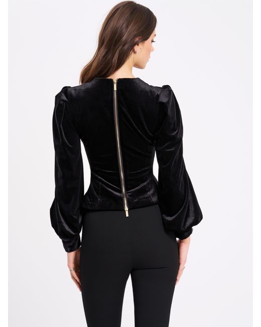 Miss Circle New York Black Krista Velvet Lantern Sleeve Top With Crystal Bow