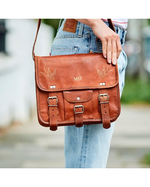 VIDA VIDA Brown Leather Satchel Cross Body Bag With Swallows