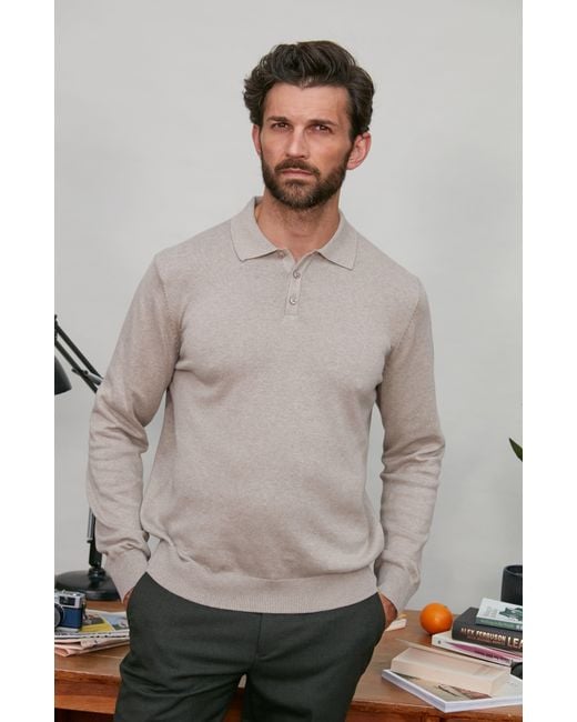Paul James Knitwear Gray Neutrals Lightweight Cotton Hall Long Sleeve Knitted Polo Shirt for men