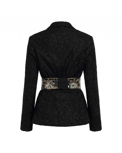 International Appeal Black Paisley Blazer With Embellished Waisted Belt