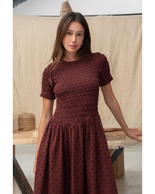 Amy Lynn Red Beatrix Smocked Plum Polka Dot Midi Dress