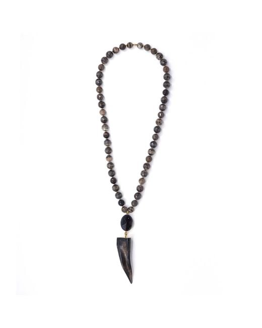 Shar Oke Metallic Horn Tusk Amulet & Tibetan Agate Statement Beaded Necklace