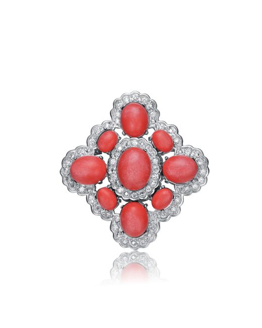 Genevive Jewelry Sterling Silver Light Red And White Cubic Zirconia Flower Pin