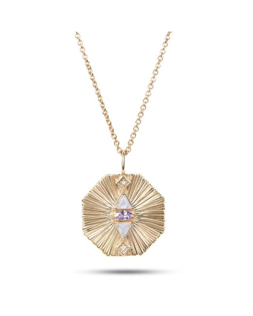 Zohreh V. Jewellery Metallic Tanzanite, Moonstone Diamond Engraved Octagon Pendant 9k