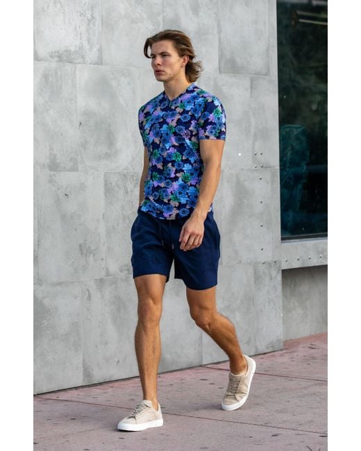 Lords of Harlech Blue Maze Snap Floral V-Neck Tee for men