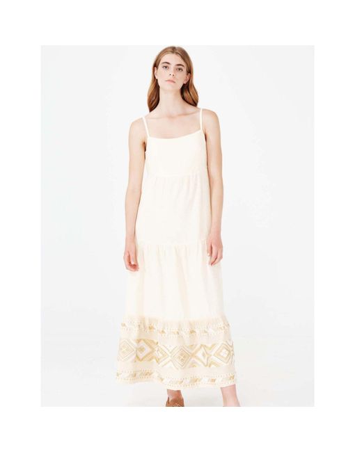 Haris Cotton Yellow Maxi Linen Strap Dress With Embroidered Panels On The Hem-Ecru