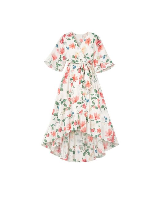Yumi' White Neutrals Ivory Floral Print Wrap Midi Dress With Dipped Hem