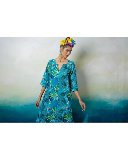 NoLoGo-chic Blue Persian Leaf Zen Dress Linen