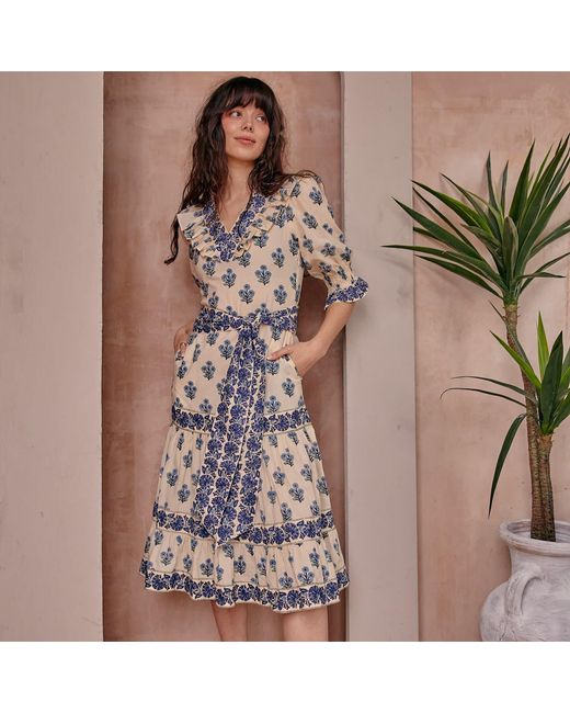 LAtelier London White Floral Block Print Cotton Midi Dress