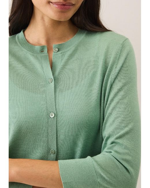 Loop Cashmere Green Three Quarter Sleeve Crew Neck Cardigan