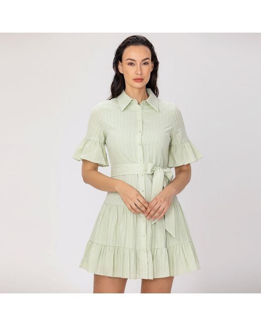 Smart and Joy Green Fit-And-Flare Tiered Ruffles Mini Shirt-Dress