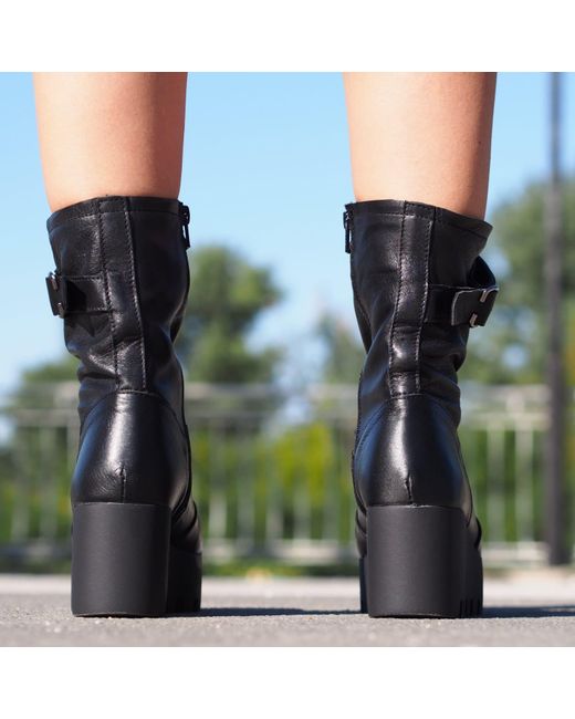 Adrenaline Fashion Black Leather Platform Boots With Buckle Strap Chunky Sole Designer Ankle Boots