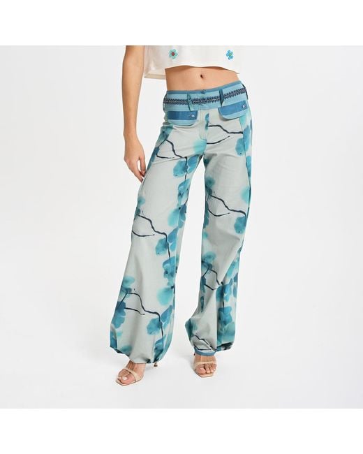 Lalipop Design Blue Stylised Floral Wide-Leg Pants