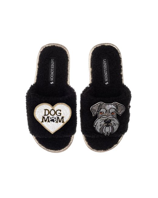 Laines London Black Teddy Towelling Slipper Sliders With Ernie The Schnauzer & Dog Mum /Mom Brooches