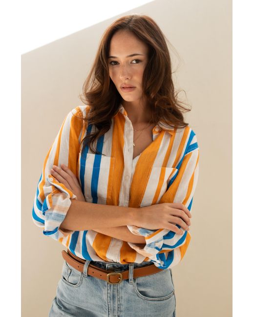 Hut Noosa Blue Zanzibar Stripe Oversized Boyfriend Linen Shirt
