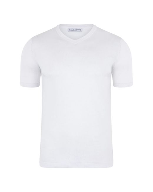 Paul James Knitwear White Superfine Mercerised Cotton Adriano V Neck Knitted T-Shirt for men