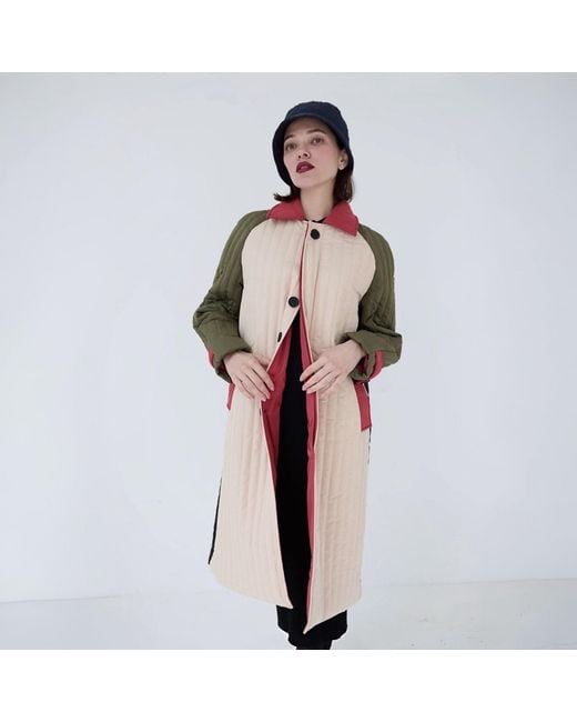 London Atelier Byproduct Pink Neutrals Khaki Patchwork Color Block Quilted Long Jacket