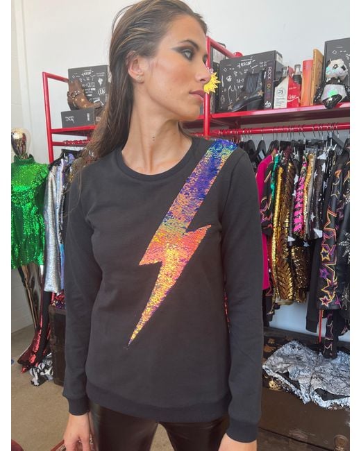 Any Old Iron Black ' Iridescent Oil Slick Reversible Sequin Lightning Sweatshirt