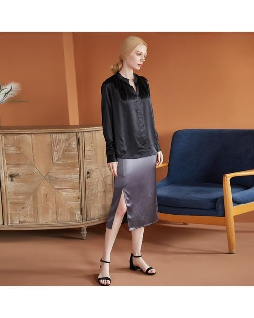 Soft Strokes Silk Black Pure Silk Long Sleeve Y-Neck Blouse