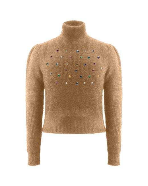 Roch Perel Natural Neutrals Camel Embellished Fur Knit Sweater