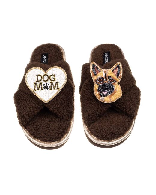 Laines London Brown Neutrals Laines Neutral Boucle Slippers With Roxy German Shepherd & Dog Mum/Mom Brooches