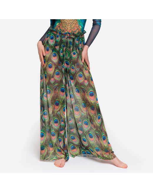 Rodasoleil Smart Swimwear Green Tan-Through Mesh Lightweight Beach Pants Peacock Mayura