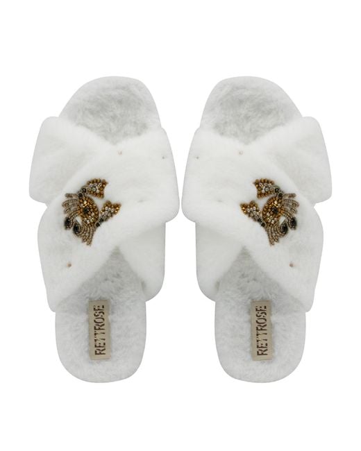 Rettrose White Neutrals Sophie Cream Luxury Plush Diamanté Embellished Handmade Slipper