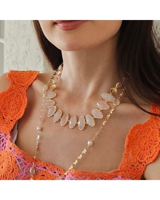 Farra Natural Rose Quartz With Flower Chain Statement Necklace