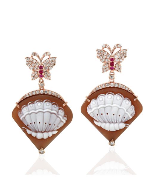 Artisan Brown 18k Shell Cameos Ruby Butterfly Dangle Earrings Diamond Jewelry