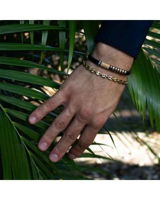 Ebru Jewelry Brown Fleur-De-Lis Dual Tone Leather Bracelet for men