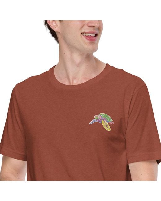 Anchor and Crew Orange Clay Think Ocean Turtle Fluorescence Cotton Embroidered T-Shirt for men